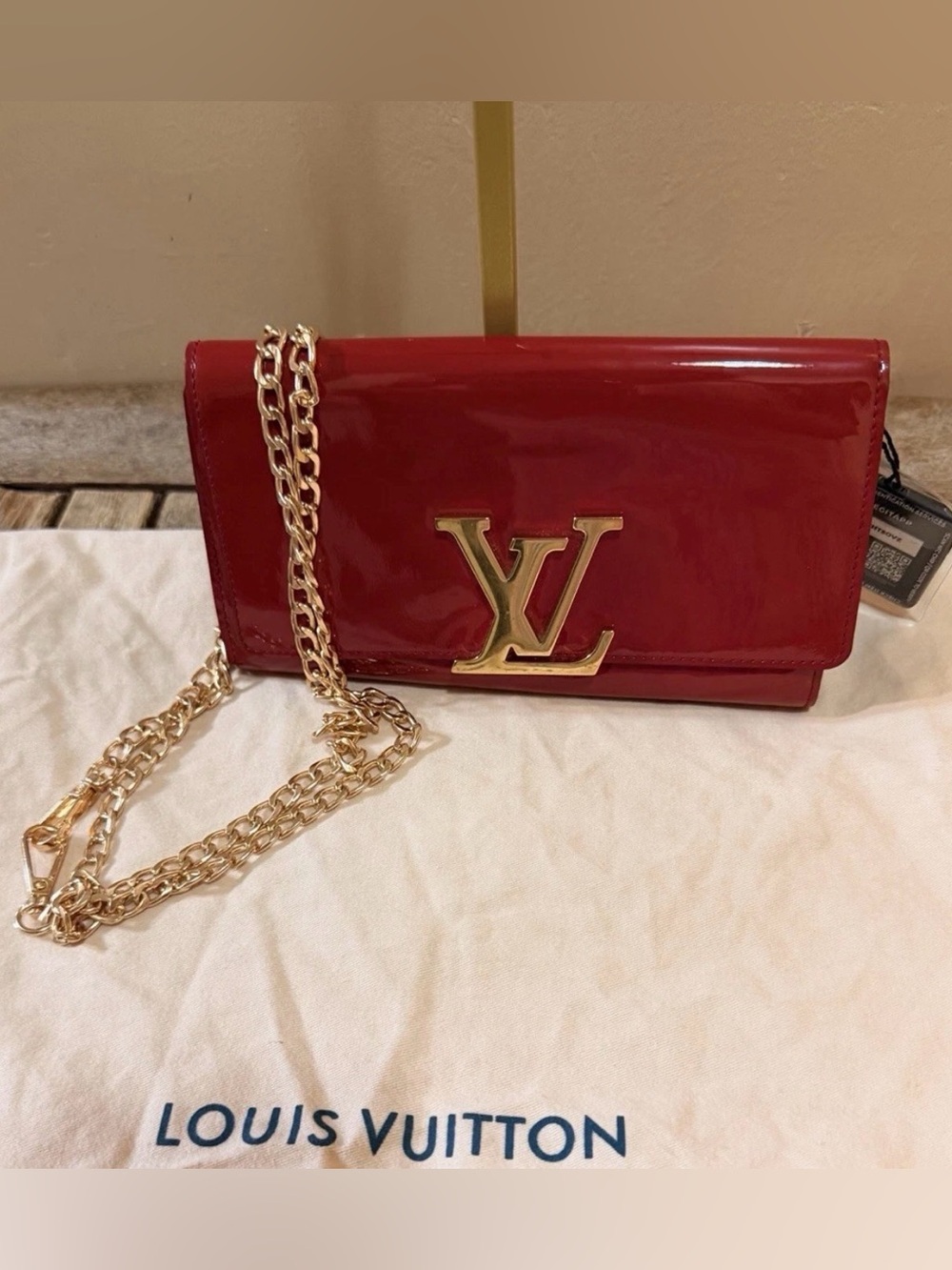 Authentic Louis Vuitton Red Vernis Long Wallet Gold LV Logo w/ Dust Bag & COA